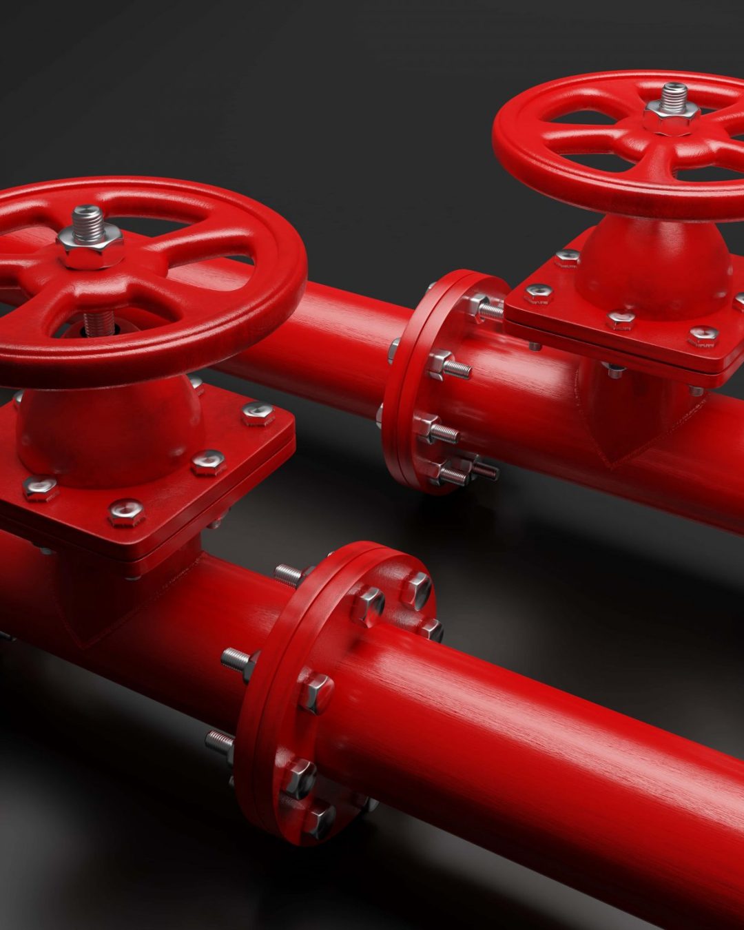 Red pipe lines with valve wheel on black background. Industrial Fire fighting water pipeline, closeup view, detail. 3d render